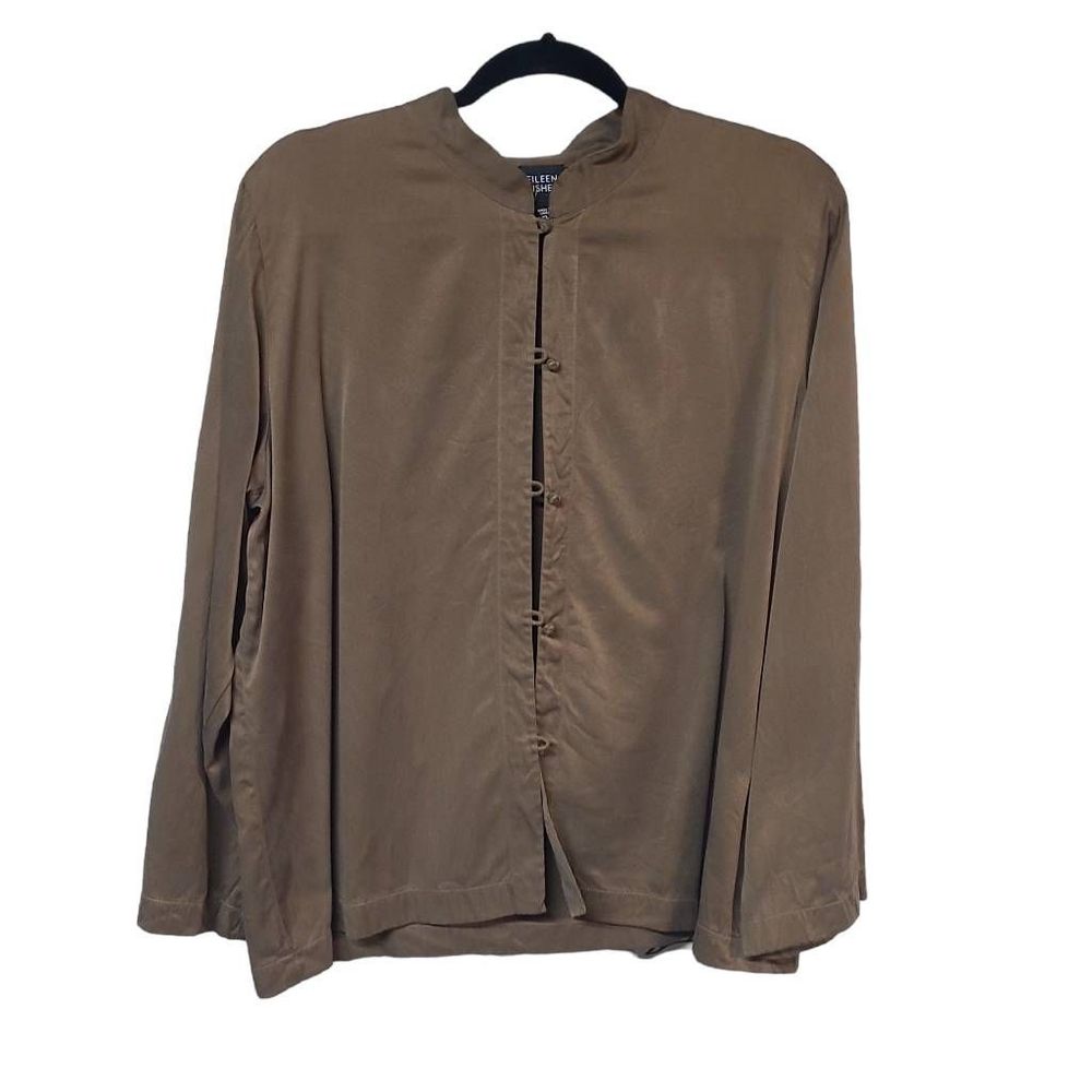 EILEEN FISHER brown 100% silk blouse mandarin collar long sleeve minimalist XL